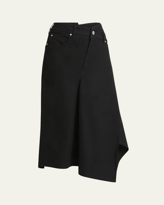 Cotton Denim Asymmetric-Hem Midi Skirt